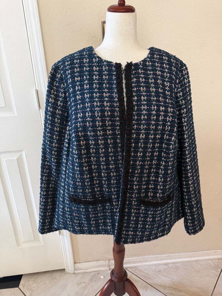 Talbots Navy And Black Tweed Collarless Blazer